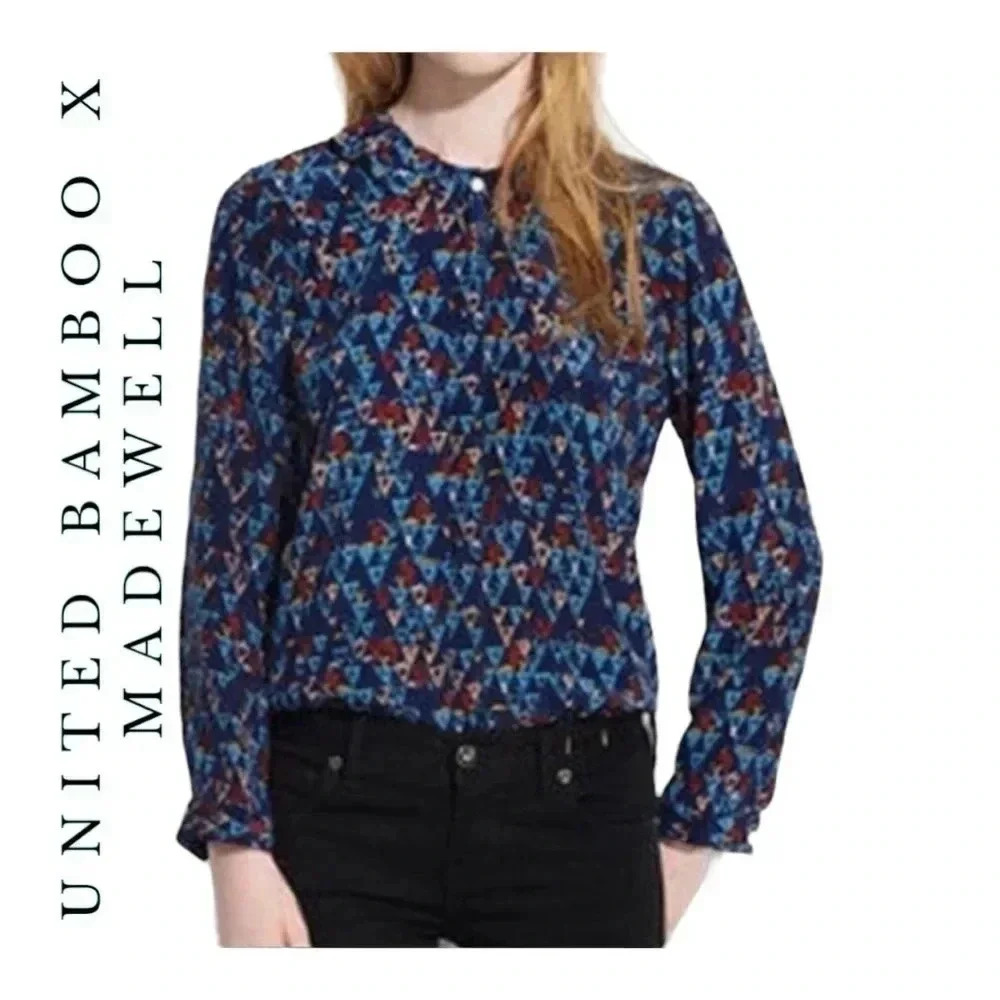 1616. UNITED BAMBOO‎ X MADEWELL 100% SILK FLORAL MOTIF DAMASK BATIK BLUE TOP XSM
